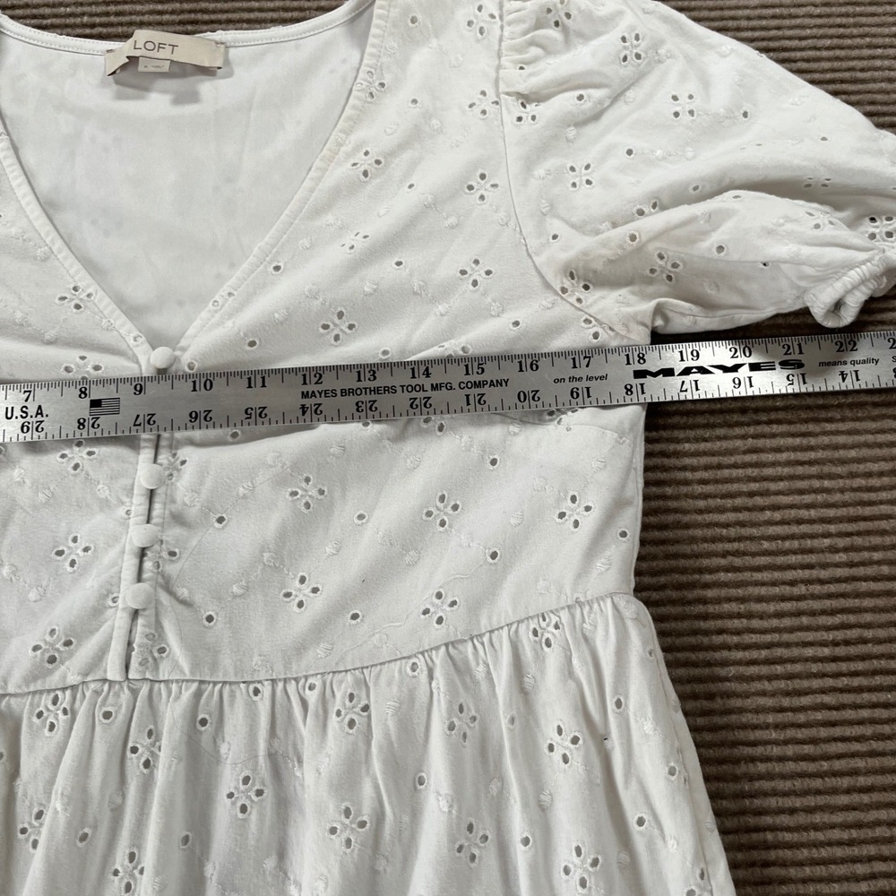 Loft White Eyelet Tiered Mini Dress V-Neck Puff Sleeve Cotton‎ Size Small - Picture 2 of 6